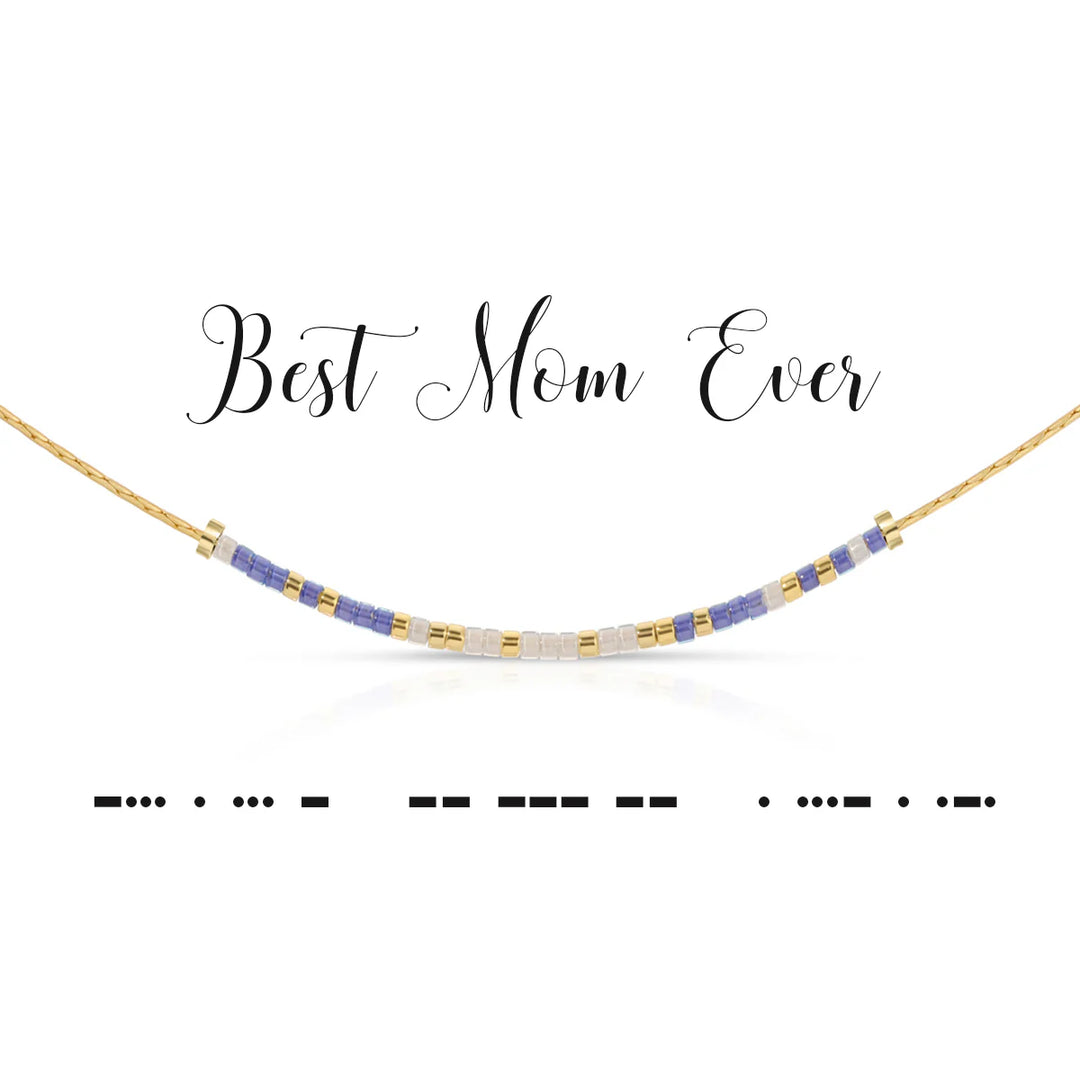 Denim blue and white glass bead necklace with Morse code message