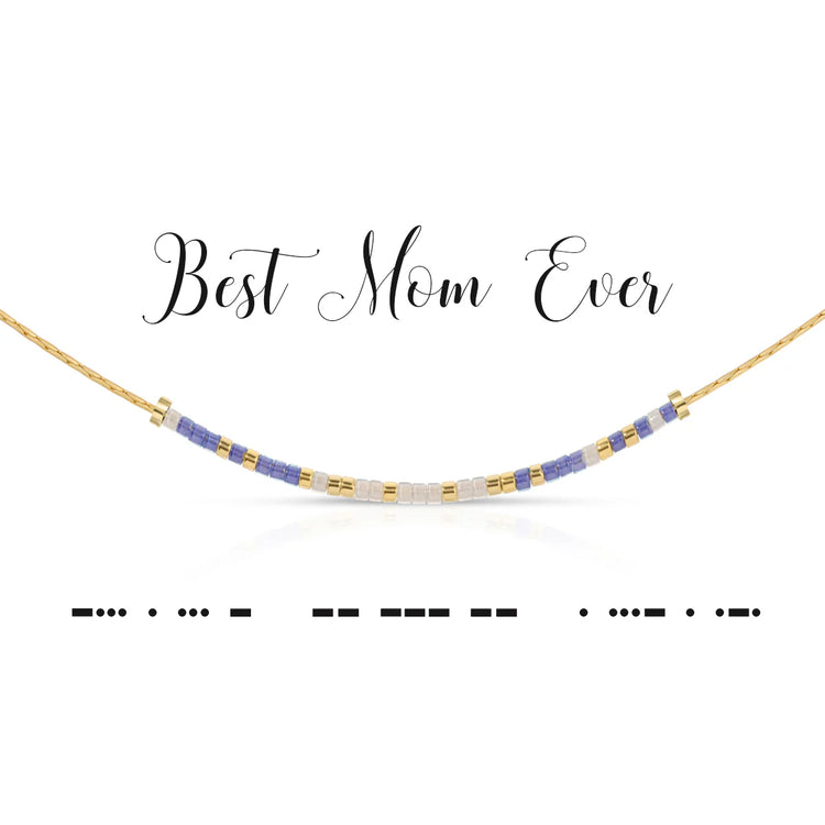 Denim blue and white glass bead necklace with Morse code message