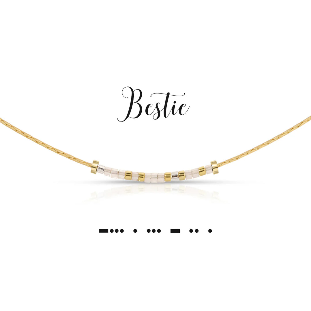 Alabaster white and pewter glass bead necklace with Morse code pattern on a neutral chain.