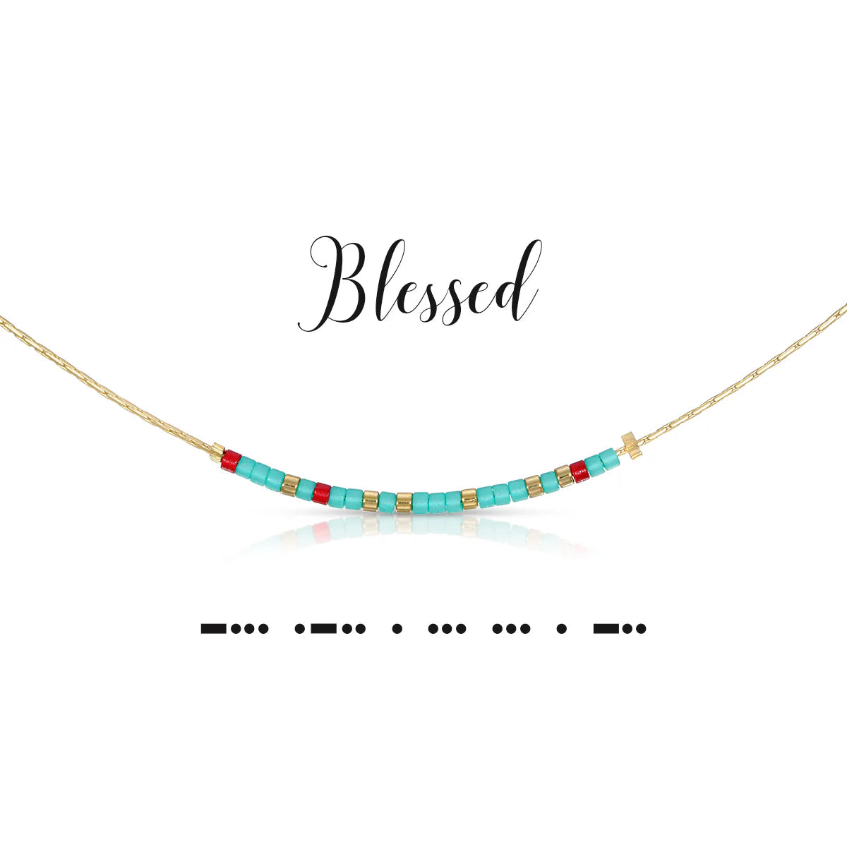 Turquoise and red glass bead necklace with Morse code message pendant on a 16.5-inch chain.