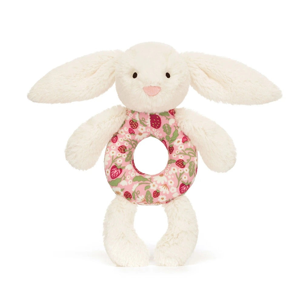Blossom Cream Bunny 'Berry' Ring Rattle with floral strawberry pattern and soft plush ears.