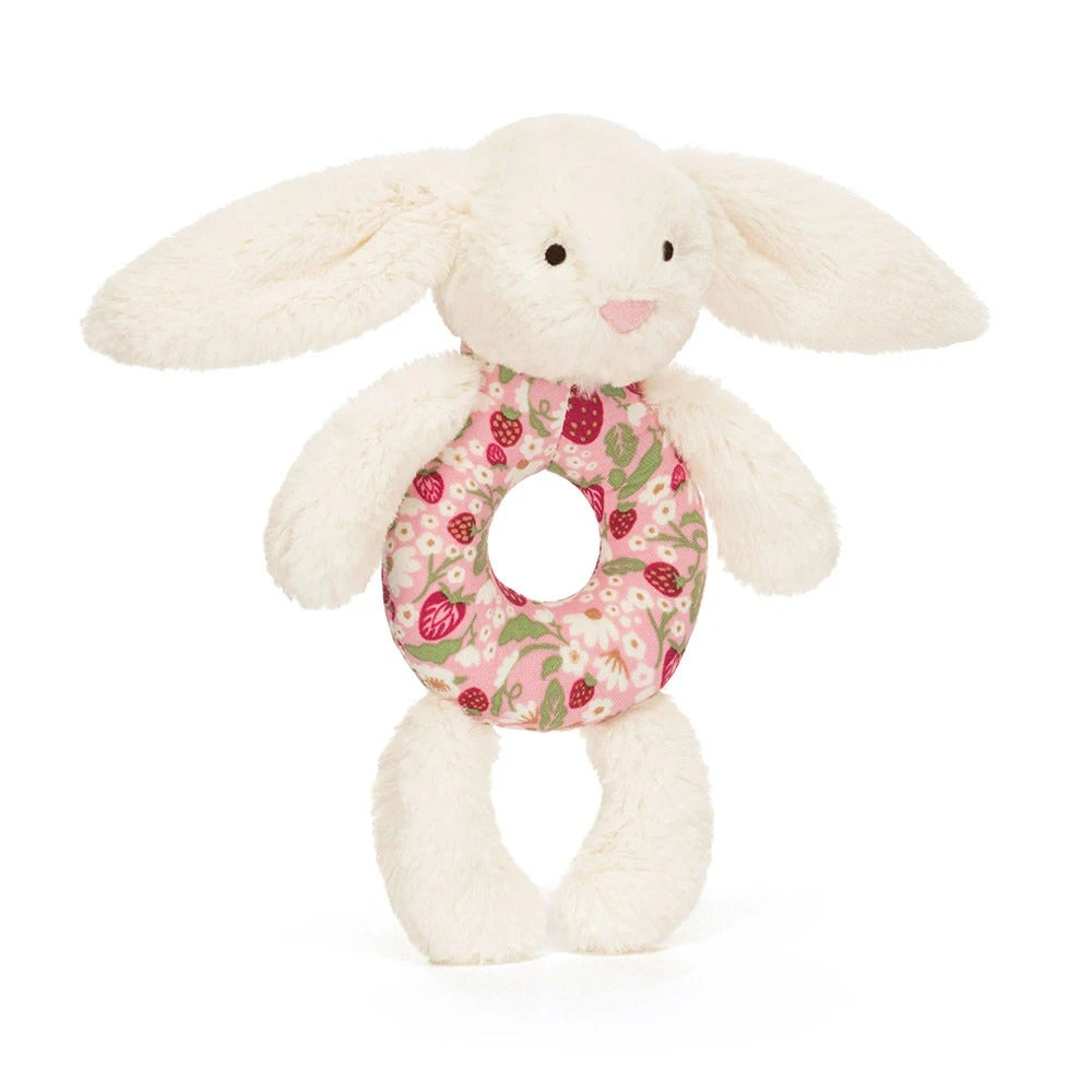Blossom Cream Bunny 'Berry' Ring Rattle with floral strawberry pattern and soft plush ears.