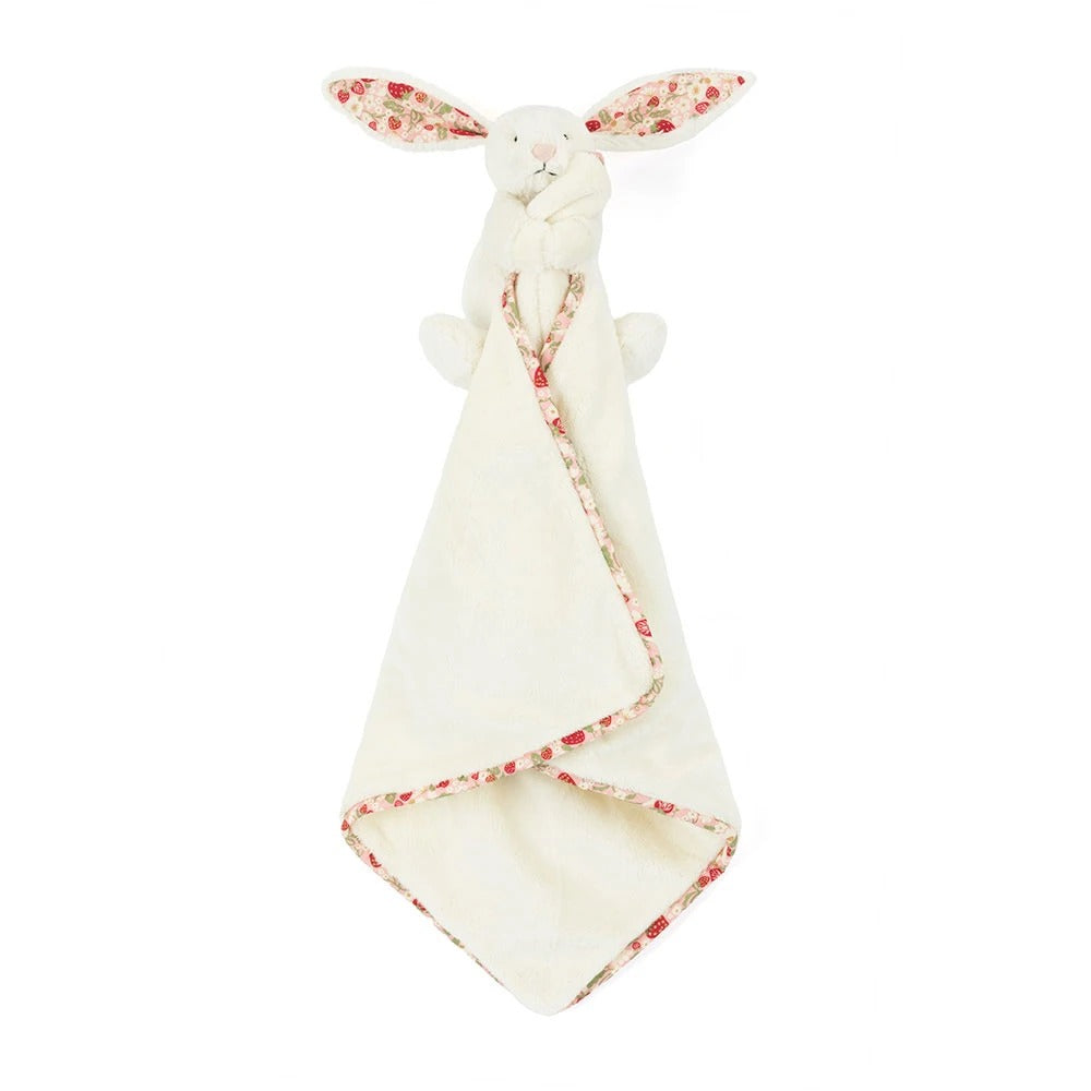 Cream bunny soother with floral strawberry print on ears and blanket trim.
