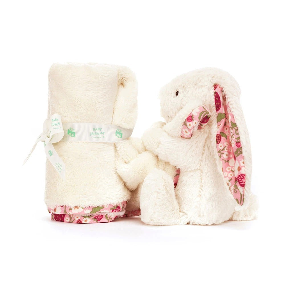 Blossom Cream Bunny 'Berry' Soother with floral print ears and matching rolled blanket.