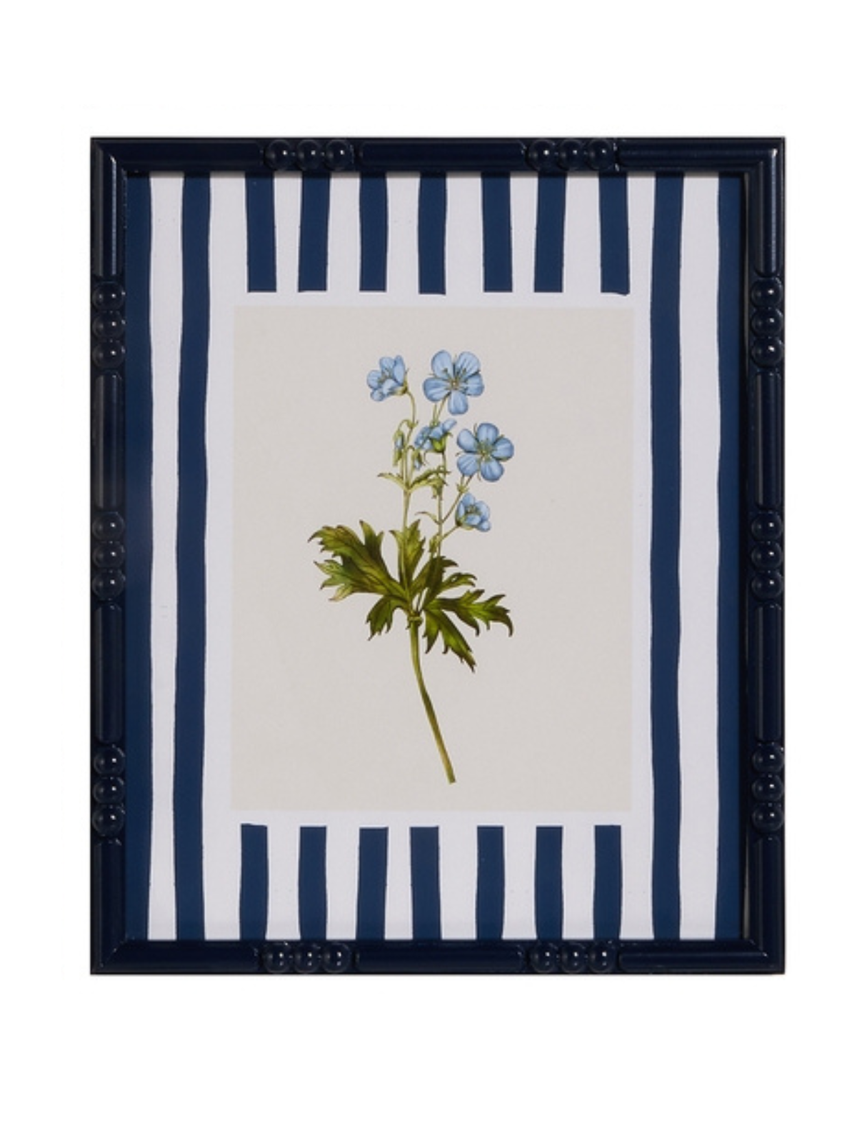 Framed wall art featuring a blue crane flower with geranium accents on wood.