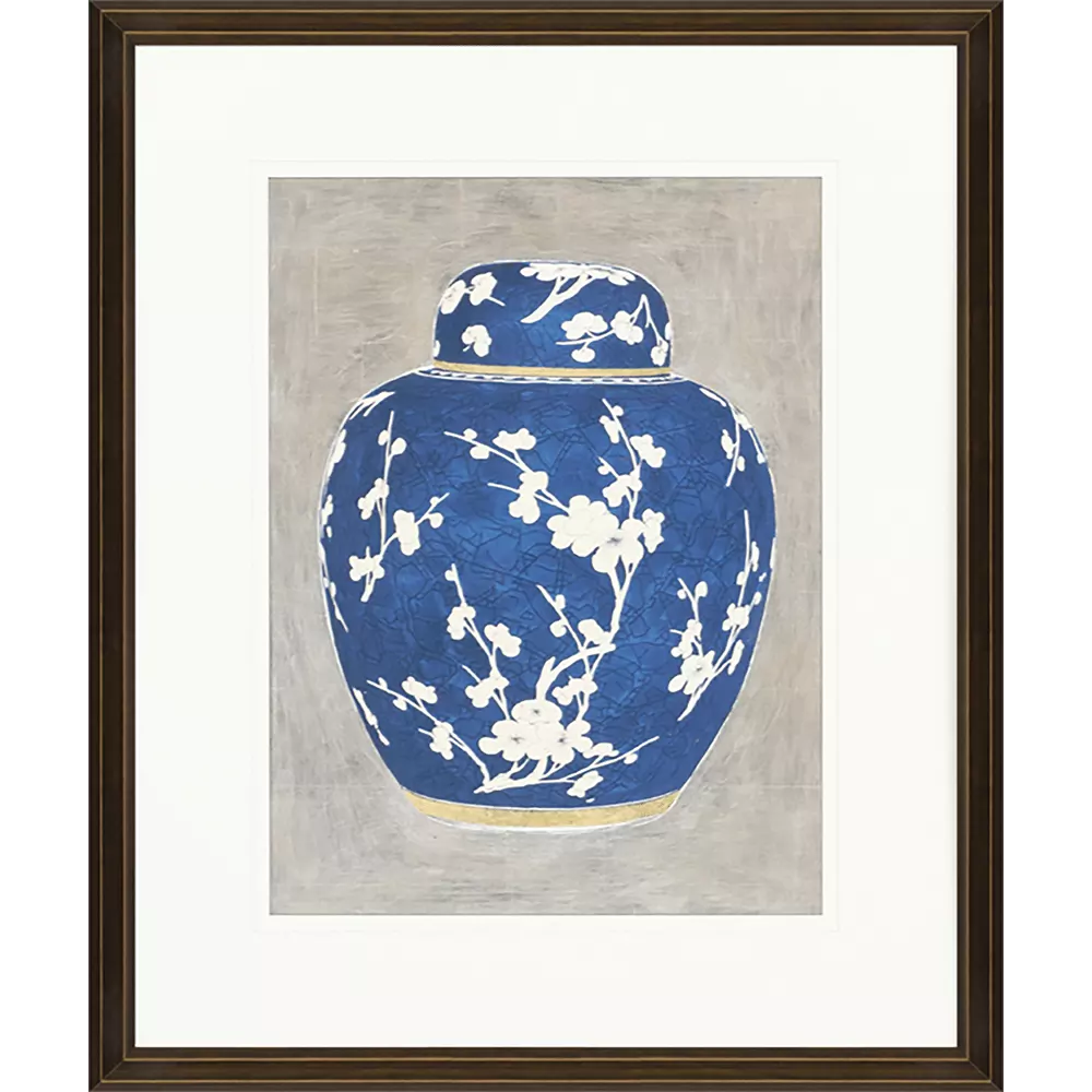 Blue and white Chinoiserie ginger jar with floral patterns.