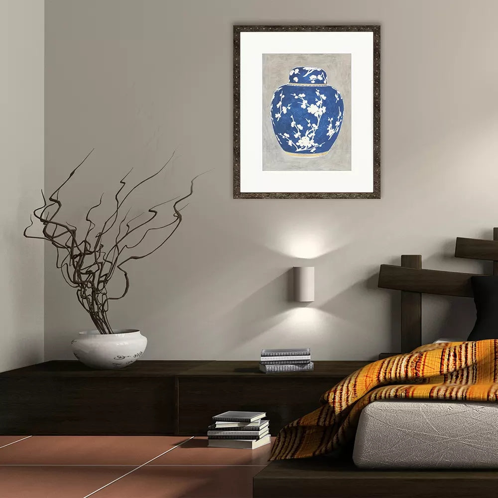 Blue and white chinoiserie ginger jar giclée print with floral pattern.