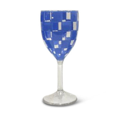 Set of four blue acrylic wine goblets with a classic stemware silhouette.