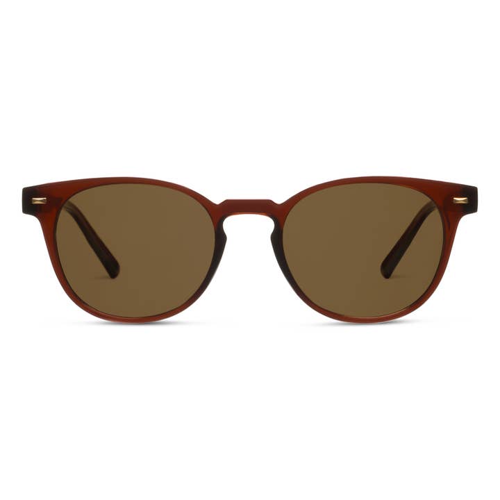Boho II bifocal sunglasses with polycarbonate frames in brown featuring amber solid lenses and spring hinges.