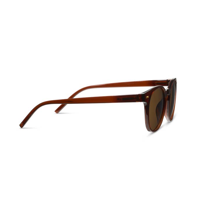 Boho II bifocal sunglasses with brown polycarbonate frames, amber polarized lenses, and spring hinges.