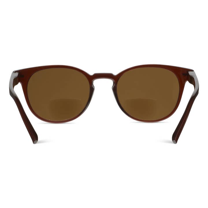 Boho II bifocal sunglasses with amber lenses in a brown polycarbonate frame featuring spring hinges.