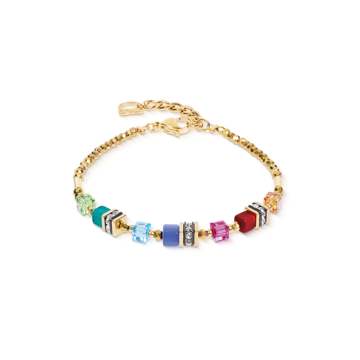 Gold-plated bracelet with multicolor cube beads, Swarovski crystals, and a lobster clasp.