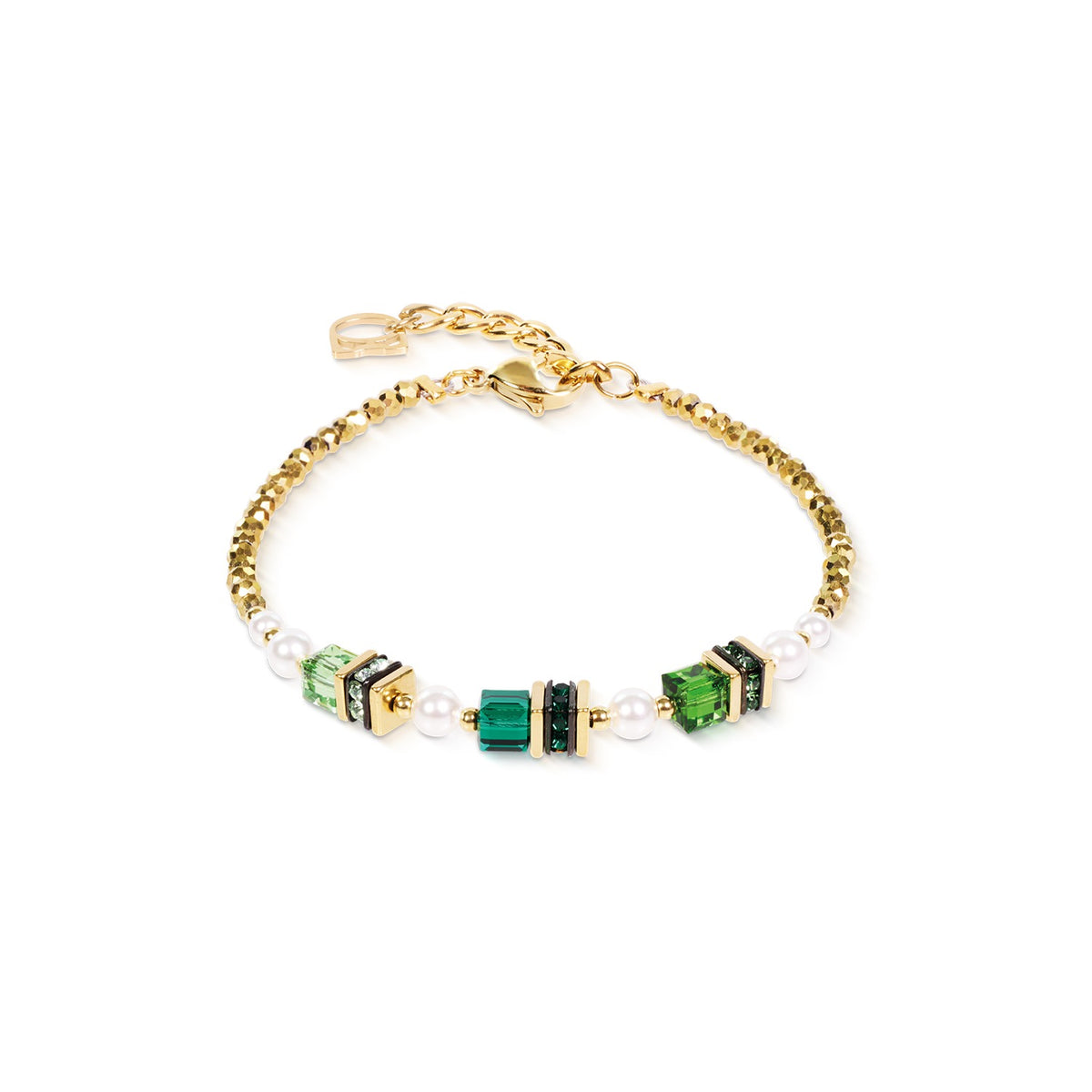 Gold-plated bracelet with emerald green Swarovski crystals, white pearls, and a lobster clasp.