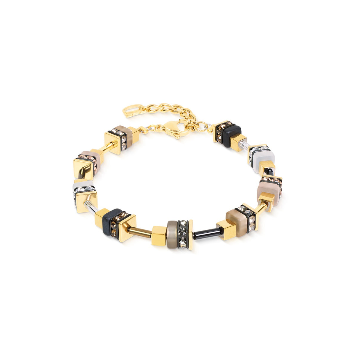 Bracelet Urban Nature Cube with beige, taupe, and black cubes, gold accents, and rhinestones.