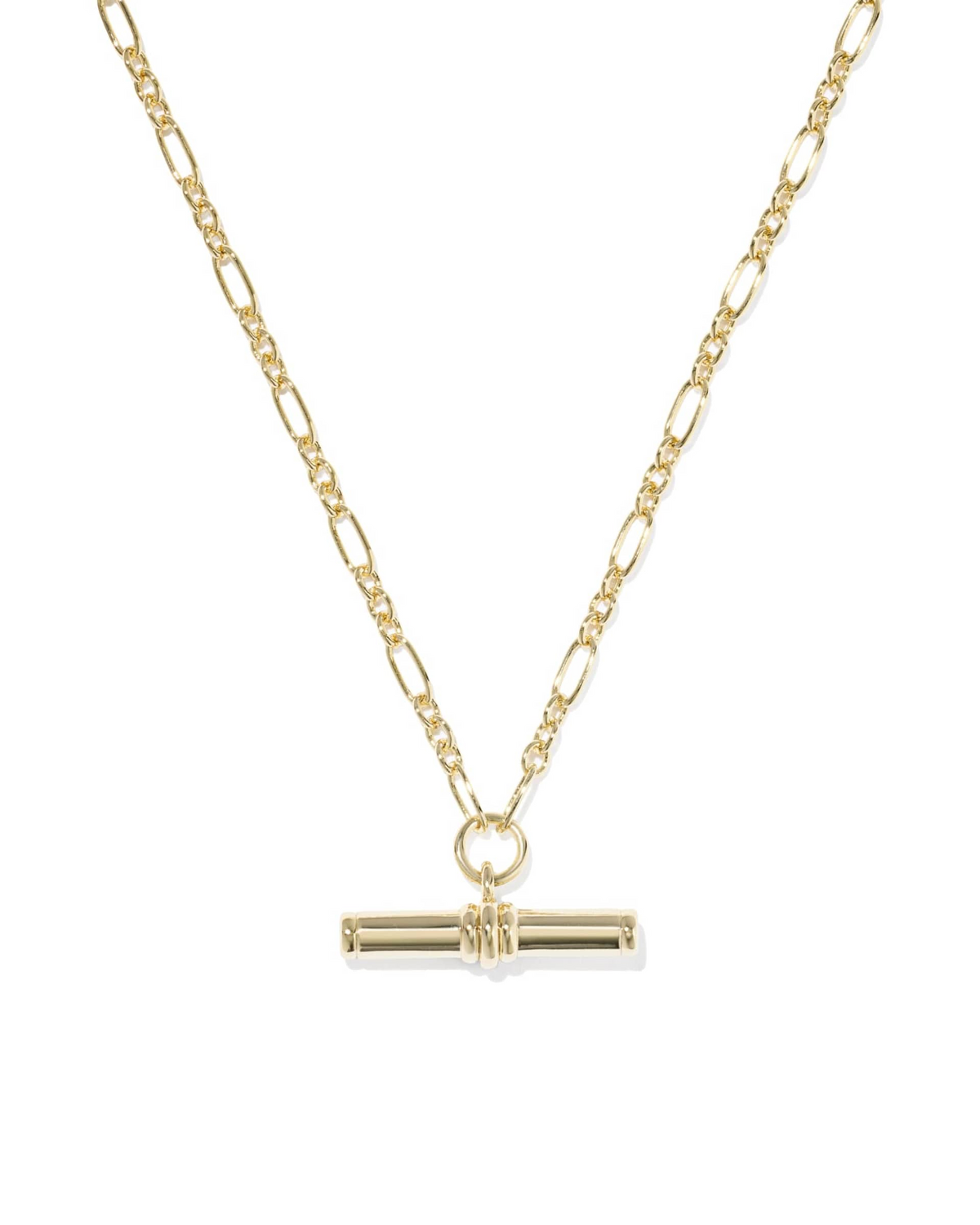 Bree Metal T Bar Short Pendant Necklace in gold with a textured oval-link chain.