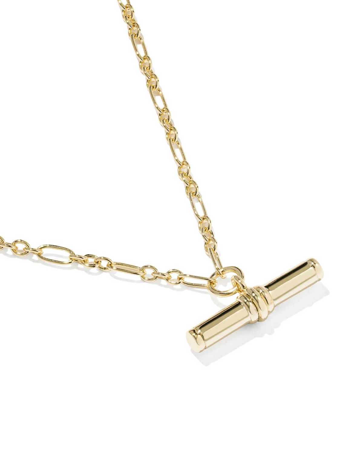 Gold Bree Metal T Bar Short Pendant Necklace with a textured oval-link chain.