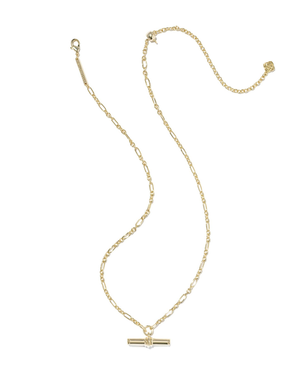 Gold Bree Metal T Bar Short Pendant Necklace with a textured oval-link chain and lobster clasp.