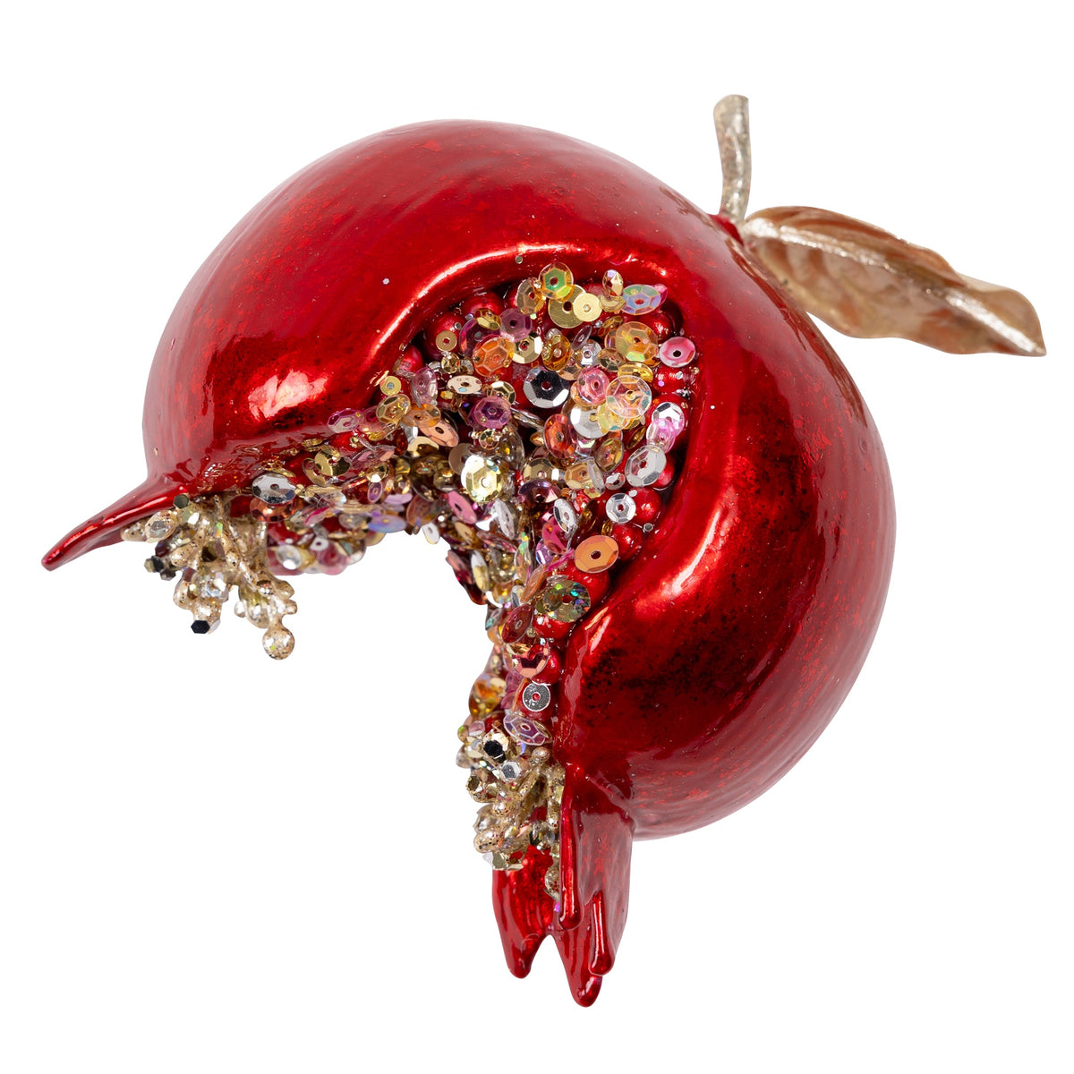 4-inch red pomegranate ornament with a gold leaf and sparkling sequin-filled interior.