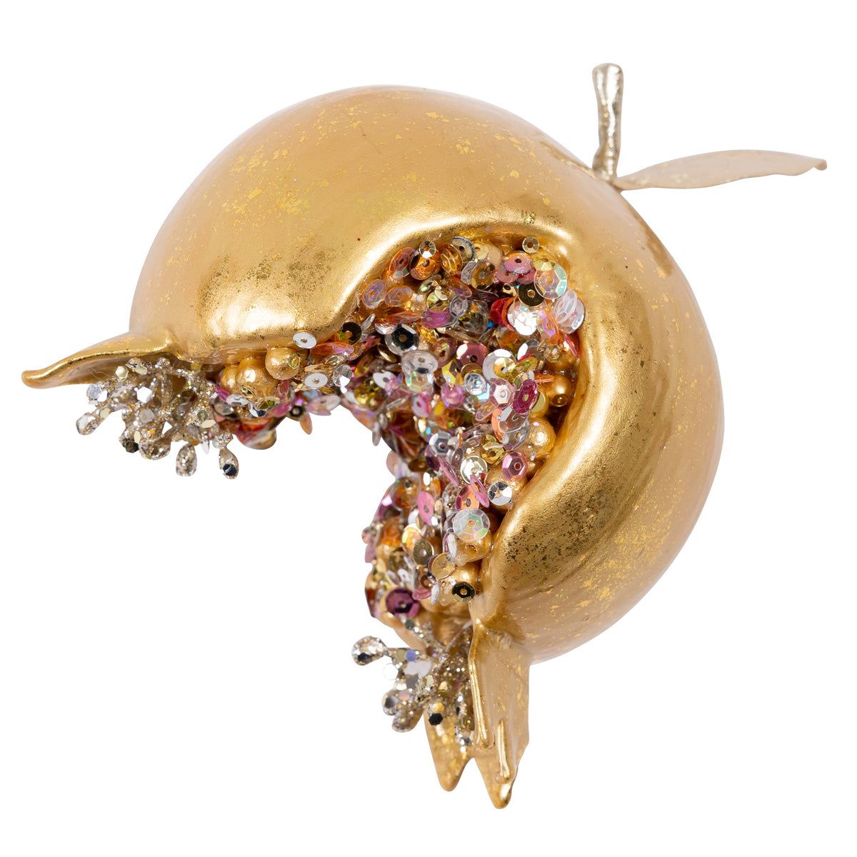 4-inch gold pomegranate ornament with a cutout revealing colorful sequins and beads inside.