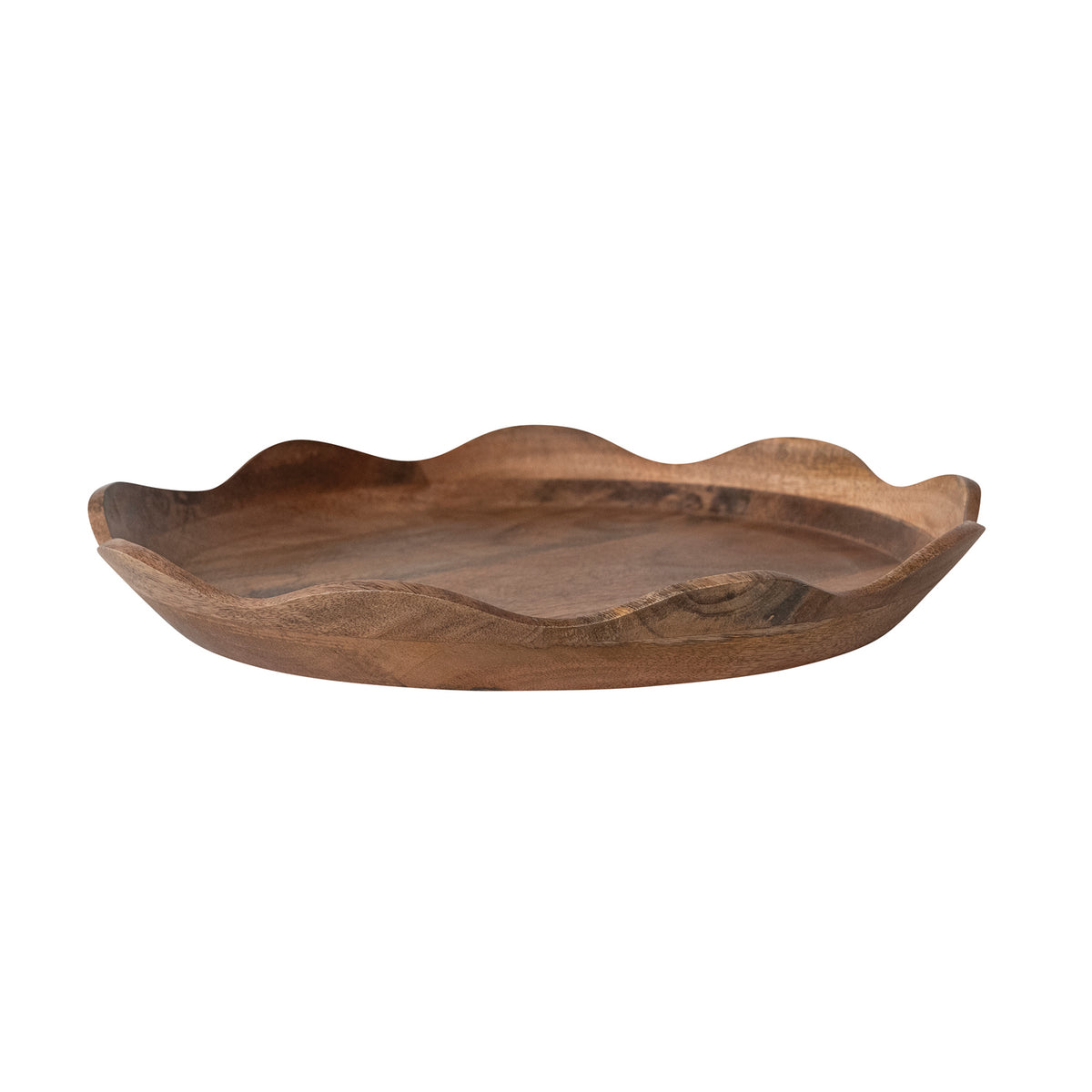 Round natural mango wood tray with a scalloped edge and visible wood grain.