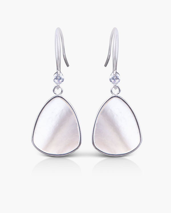 Silver drop earrings with a small cubic zirconia stone and a large oblong mother of pearl inlay.