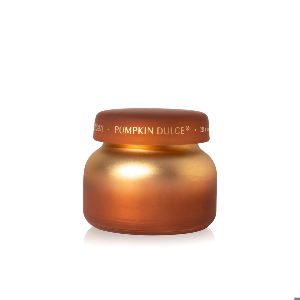 Capri Blue Pumpkin Dulce Artisan Tuscan Radiance Petite Candle in a frosted orange glass jar.