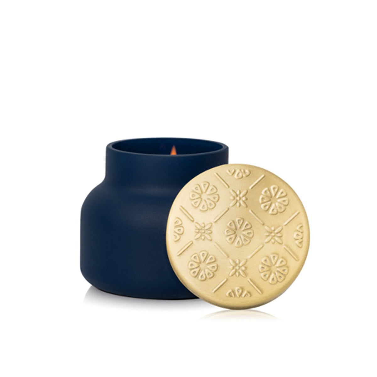Capri Blue Volcano Artisan Terrazza Velluto Petite Signature Candle in a navy jar with a gold lid.