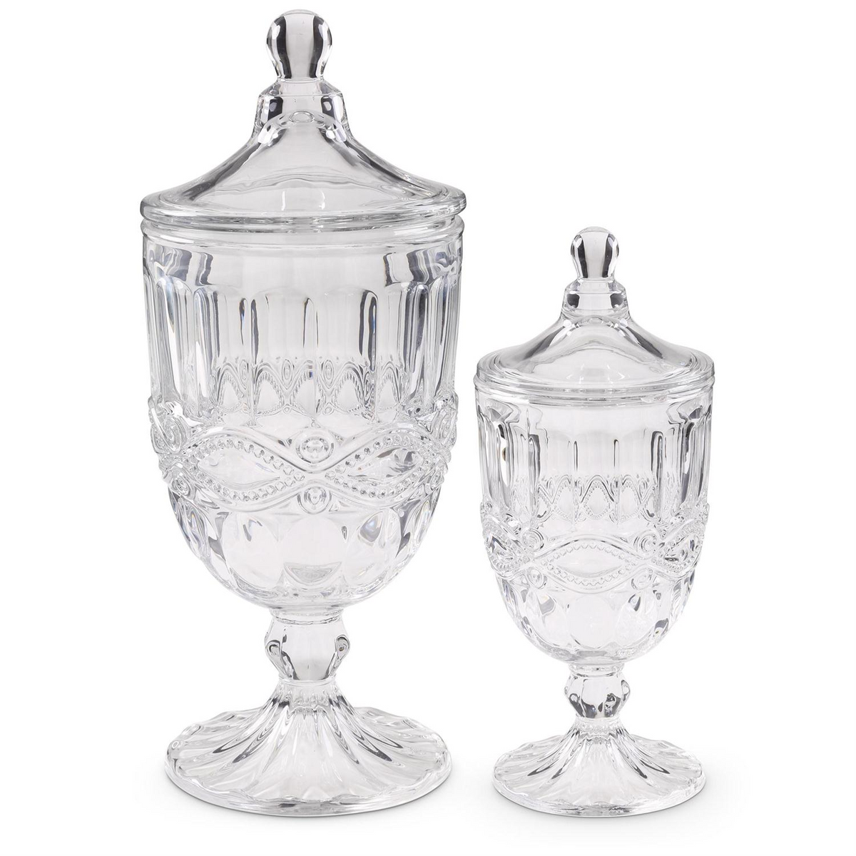 Two clear cast glass urns with decorative patterns and matching lids in different sizes.