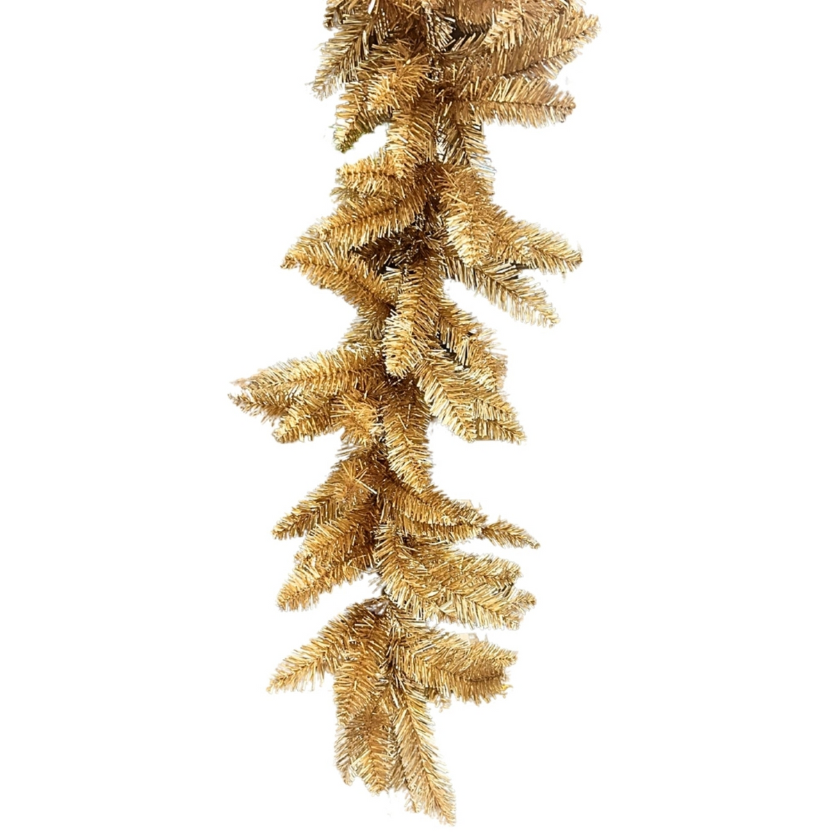 Champagne tinsel garland with shimmering gold pine needle branches on a white background.