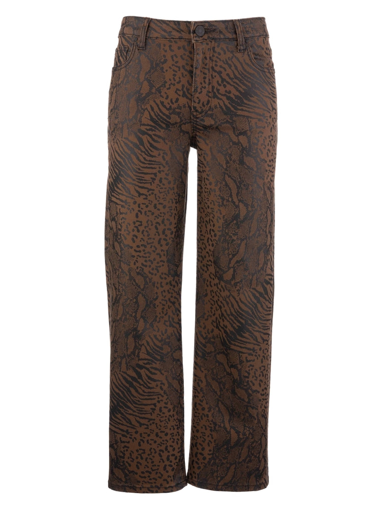 Charlotte high-rise wide-leg pants in brown with a mixed animal print pattern.