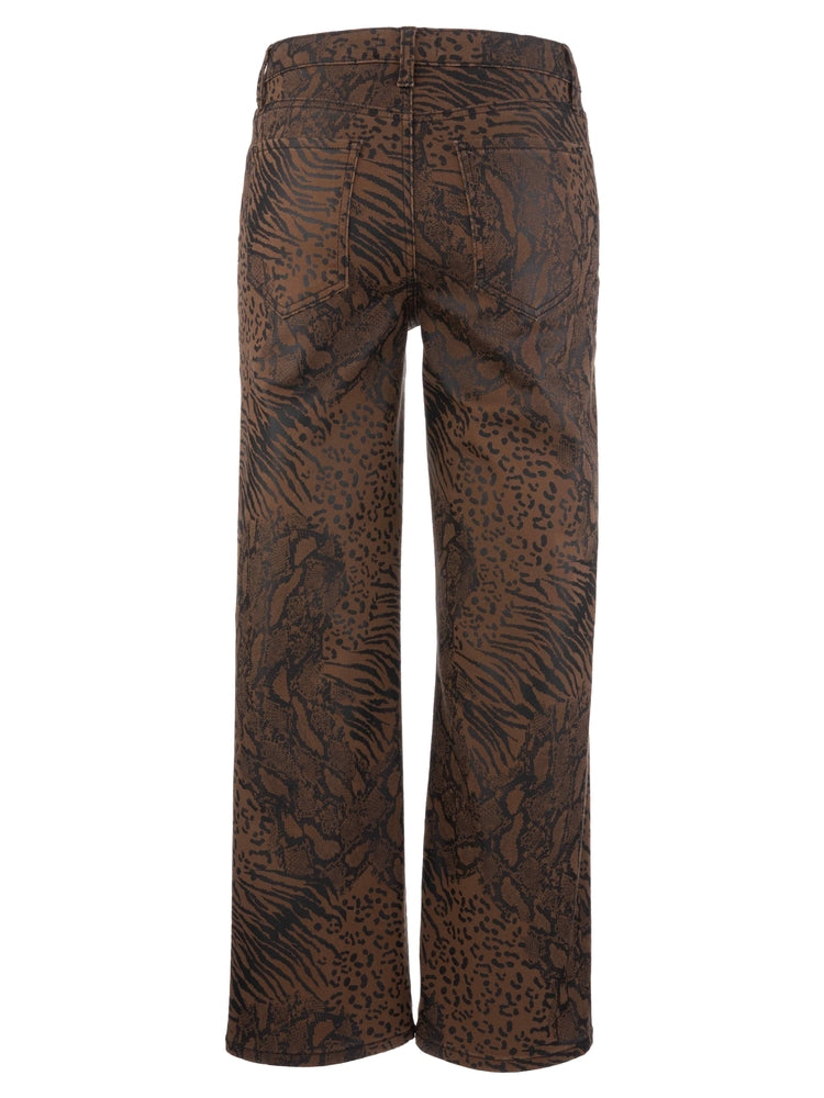 Back view of Charlotte high-rise wide-leg pants in a brown and black mixed animal print.
