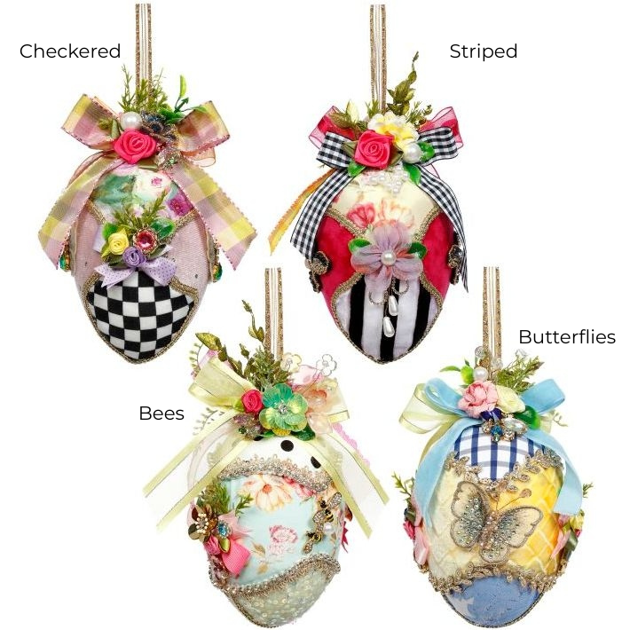Four 6-inch fabric jeweled Easter egg ornaments in checkered, striped, bees, and butterfly designs.