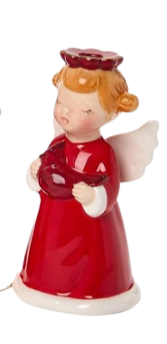 Hand-painted ceramic angel candleholder in a red robe holding a cardinal bird.
