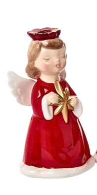 Hand-painted ceramic Christmas angel candleholder in a red robe holding a gold star.