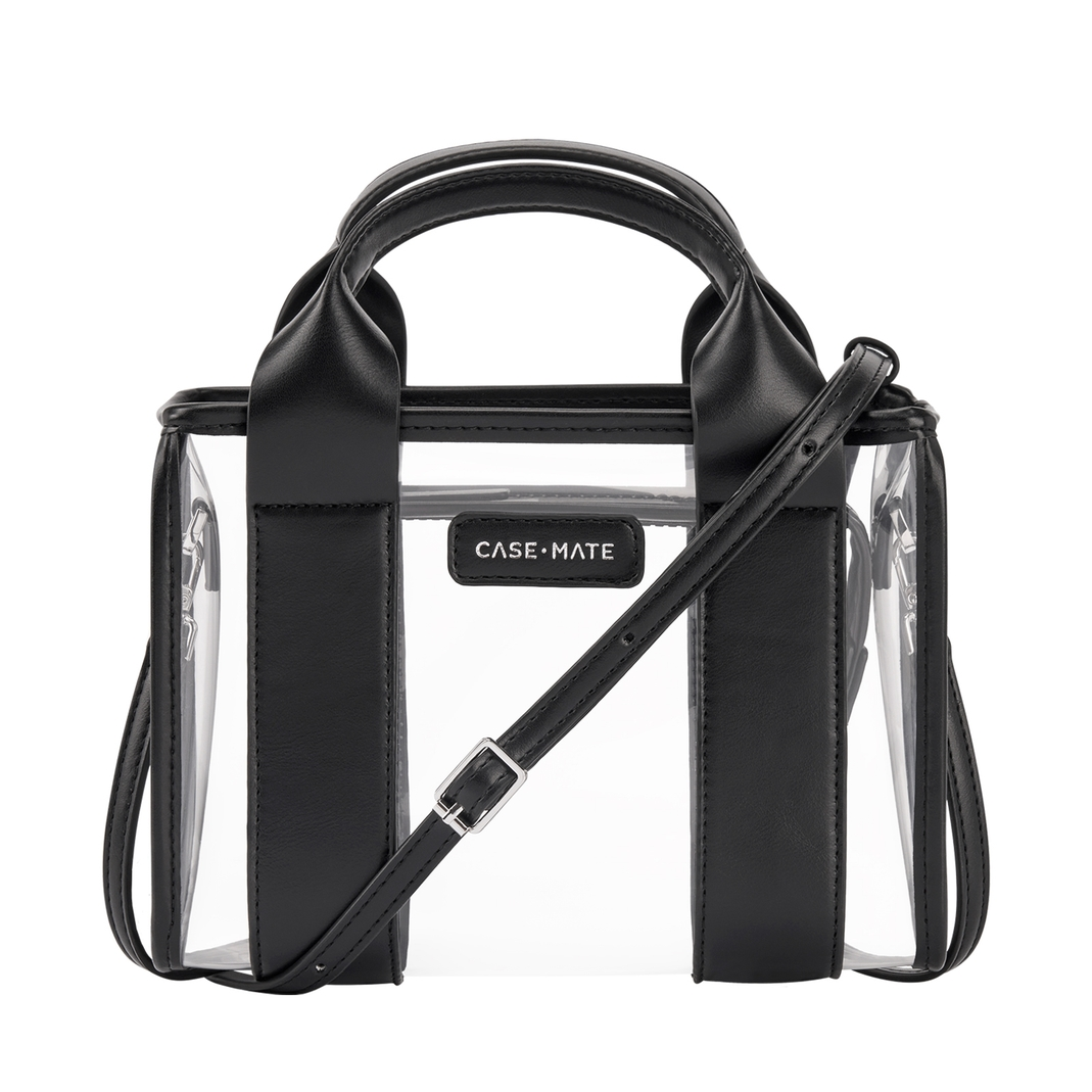 Clear jelly stadium crossbody bag in midnight black with top handles and adjustable shoulder strap.