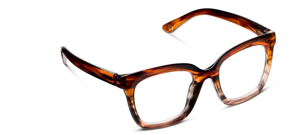Cleo oversized square blue light glasses in Brown Ombre Horn acetate with clear lenses.