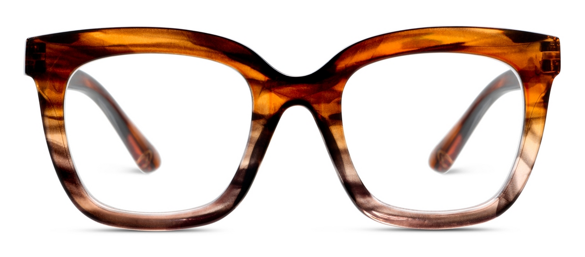Cleo oversized square blue light glasses in Brown Ombre Horn acetate.