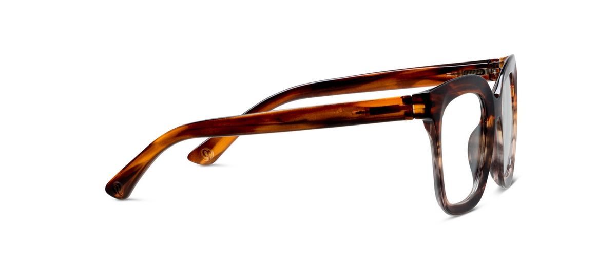 Side view of Cleo oversized square blue light glasses in Brown Ombre Horn acetate.
