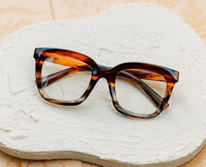 Cleo oversized square blue light glasses in Brown Ombre Horn acetate on a textured white surface.