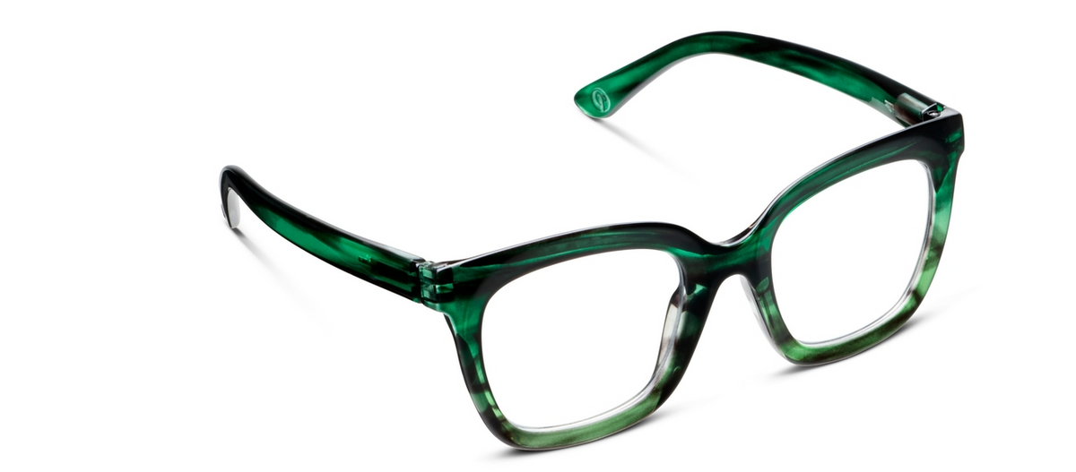 Cleo oversized square blue light glasses in Emerald Ombre Horn green streaked acetate.