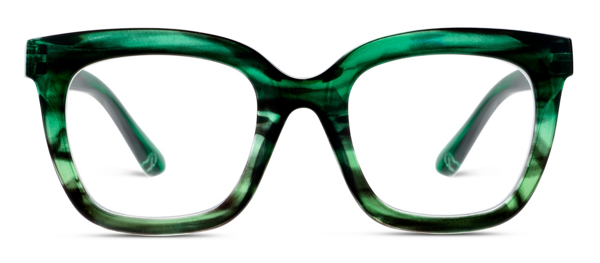 Oversized square Cleo blue light glasses in Emerald Ombre Horn green streaked acetate.