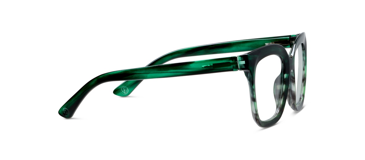 Side view of Cleo oversized square blue light glasses in Emerald Ombre Horn green acetate.