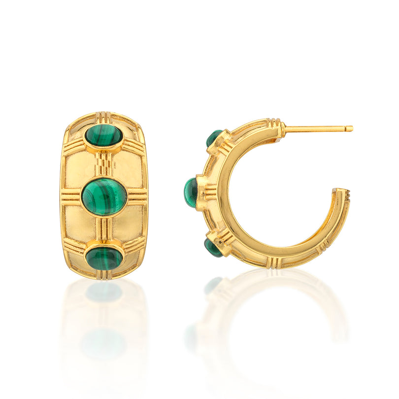 Cleopatra Bold Hoop Earrings in gold with three oval malachite stones on each hoop.
