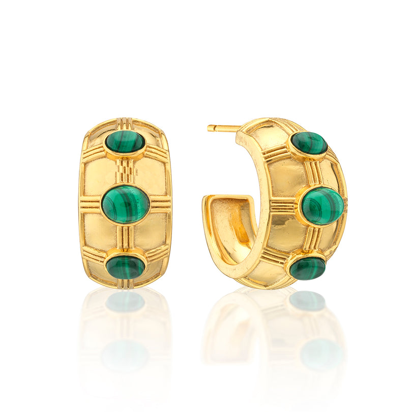 Cleopatra bold gold hoop earrings featuring three oval malachite gemstones on each hoop.