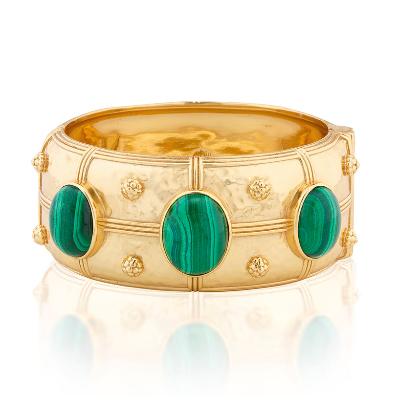 Cleopatra Grande Hinged Bangle in hammered 18K gold-plated brass with three oval malachite stones.