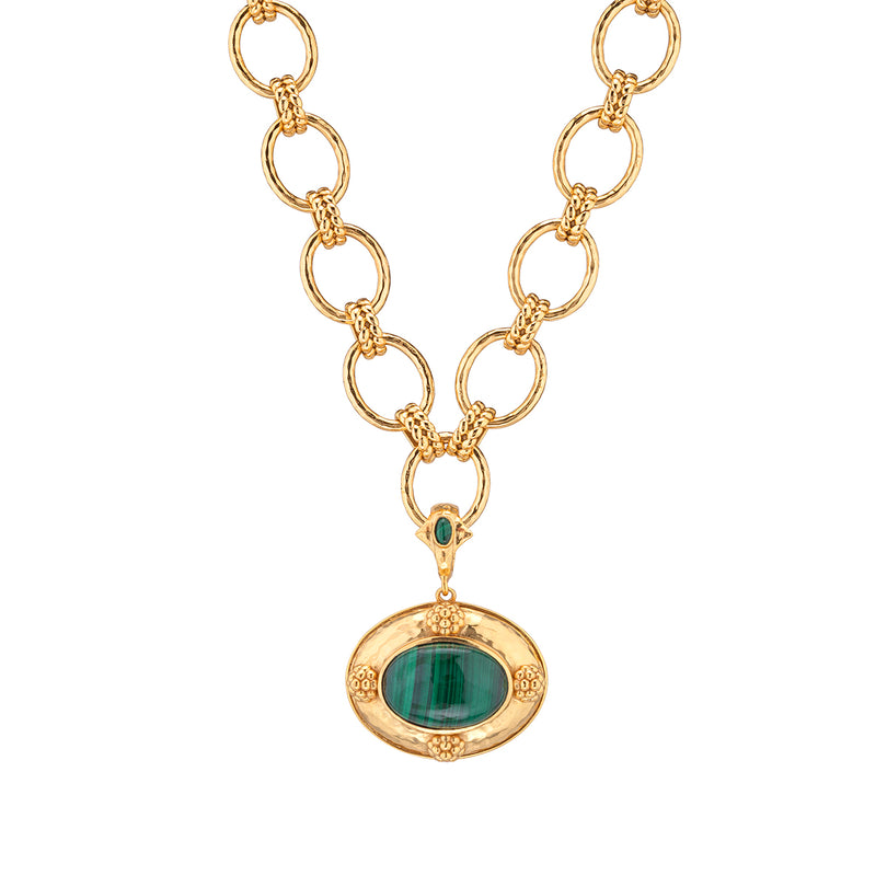 Gold chain necklace with a removable oval malachite pendant and decorative gilded berries.