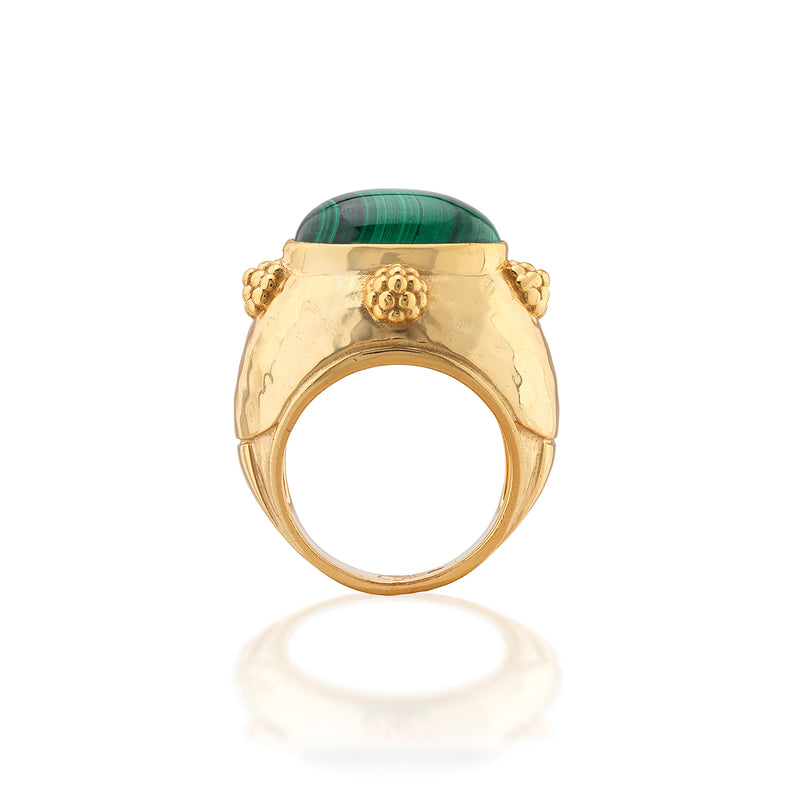 Cleopatra Oval Ring in 18K gold plated brass with a green malachite gemstone and berry accents.