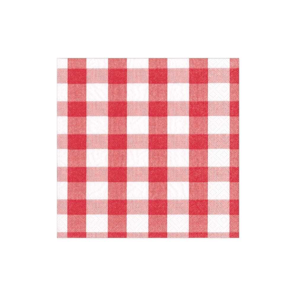 Red gingham triple-ply cocktail napkin measuring five by five inches.
