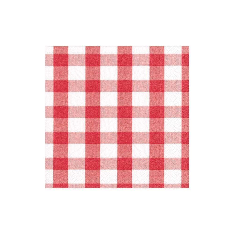 Red gingham triple-ply cocktail napkin measuring five by five inches.