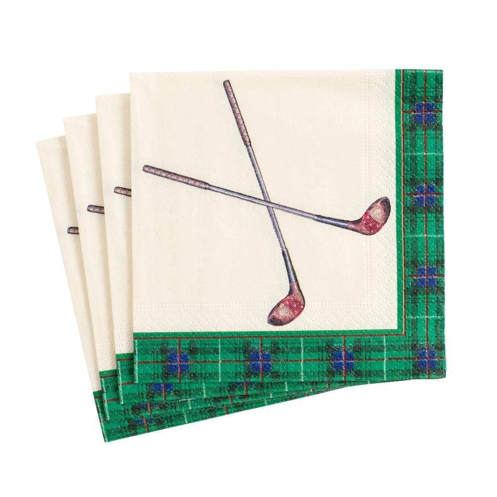 Triple-ply cocktail napkins with a golf-themed print featuring green grass and white flags.